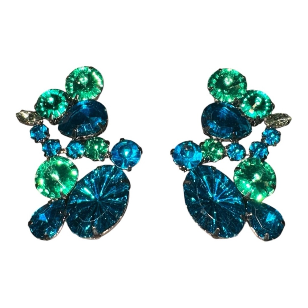 Blue Green Rhinestone Statement Drop Earrings Sil… - image 4